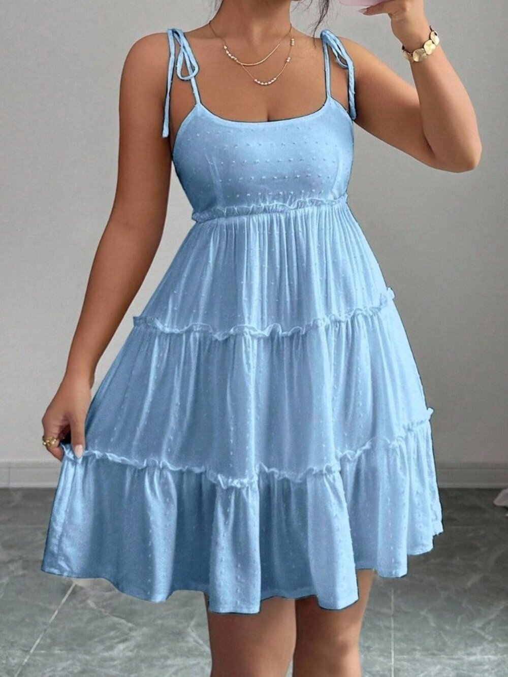 Baby Blue Boho Women's Swiss Dot Frill Trim Cami Dress